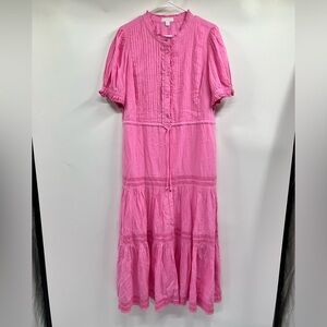 Charter Club Dress Womens L Baby Pink Gauze Maxi Smock Neck Cottage Core Boho